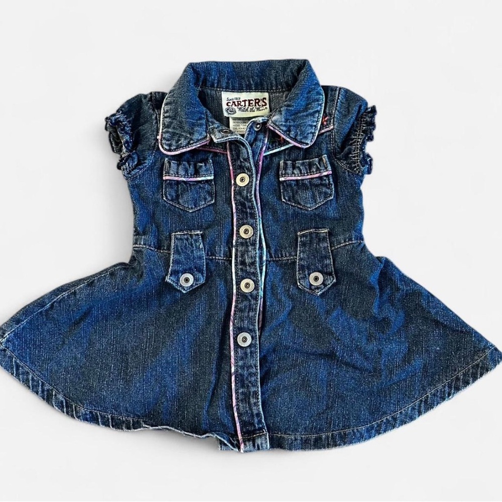 Vintage Carter's Blue Denim Baby Girl Dress Size 6-9 Months